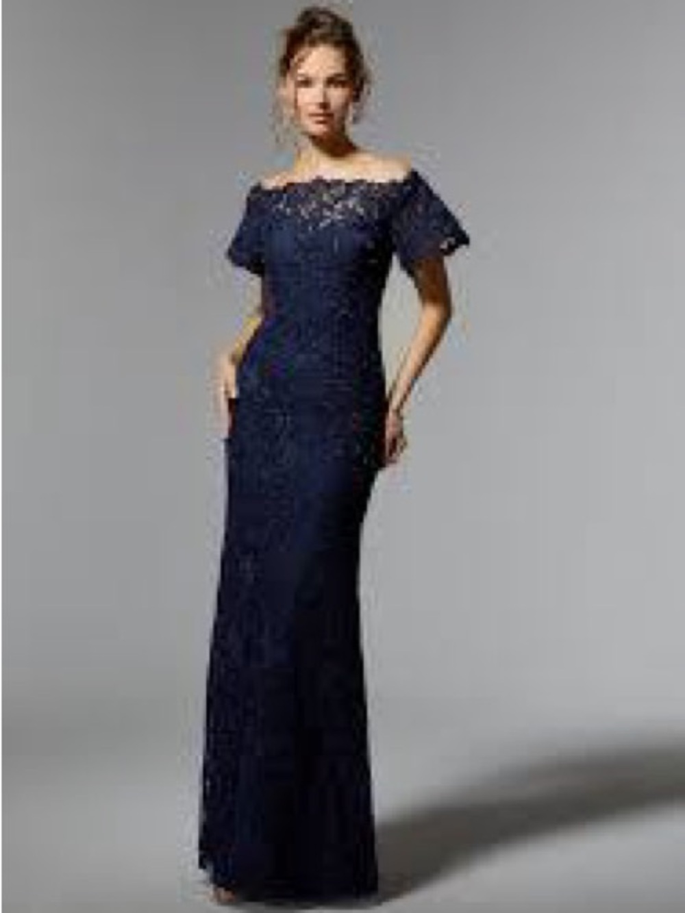Mori Lee Navy Off-Shoulder Lace Maxi Gown
